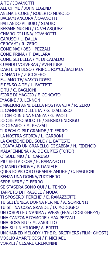 A TE / JOVANOTTI ALL OF ME / JOHN LEGEND ANEMA E CORE / ROBERTO MUROLO BACIAMI ANCORA /JOVANOTTI BALLANDO AL BUIO / STADIO BESAME MUCHO / C. VELASQUEZ CHIARO DI LUNA/ JOVANOTTI CARUSO / L. DALLA CERCAMI / R. ZERO COME MAI / 883 - PEZZALI COME PRIMA / T. DALLARA COME SEI BELLA / M. DI CATALDO CUANDO VOLVERAS / AVENTURA DARTE UN BESO / PRINCE ROYCE/BACHATA DIAMANTE / ZUCCHERO E... AMO TE/ VASCO ROSSI E PENSO A TE / L. BATTISTI E TU / C. BAGLIONI FIORE DI MAGGIO / F. CONCATO IMAGINE / J. LENNON I MIGLIORI ANNI DELLA NOSTRA VITA / R. ZERO IL CAMMINO DELL'ETA' / G. D'ALESSIO IL CIELO IN UNA STANZA / G. PAOLI IO CHE AMO SOLO TE / SERGIO ENDRIGO IO CI SARO' / M. PEZZALI IL REGALO PIU' GRANDE / T. FERRO LA NOSTRA STORIA / L. CARBONI LA CANZONE DEL SOLE / L. BATTISTI LEGATA AD UN GRANELLO DI SABBIA / N. FIDENCO MALAFEMMENA / A. DE CURTIS (TOTO') O' SOLE MIO / E. CARUSO PIU' BELLA COSA / E. RAMAZZOTTI QUANNO CHIOVE / P. DANIELE QUESTO PICCOLO GRANDE AMORE / C. BAGLIONI SENZA UNA DONNA/ZUCCHERO SERE NERE / T. FERRO SE STASERA SONO QUI / L. TENCO TAPPETO DI FRAGOLE / MODA' TI SPOSERO' PERCHE' / E. RAMAZZOTTI TU SEI L'UNICA DONNA PER ME / A. SORRENTI TU SI' 'NA COSA GRANDE / D. MODUGNO UN CORPO E UN'ANIMA / WESS (FEAT. DORI GHEZZI) UNA CANZONE D'AMORE / MAX PEZZALI UNA ROSA BLU / M. ZARRILLO UNA SU UN MILIONE/ A. BRITTI UNCHAINED MELODY / THE R. BROTHERS (FILM: GHOST) VOGLIO AMARTI COSI / F. MICHAEL VORREI / CESARE CREMONINI